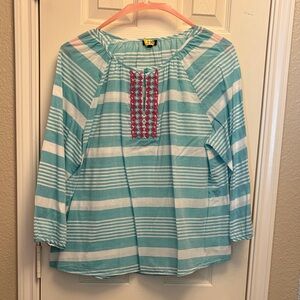Talbots XL Striped Blue and White Blouse with Pink Embroidery